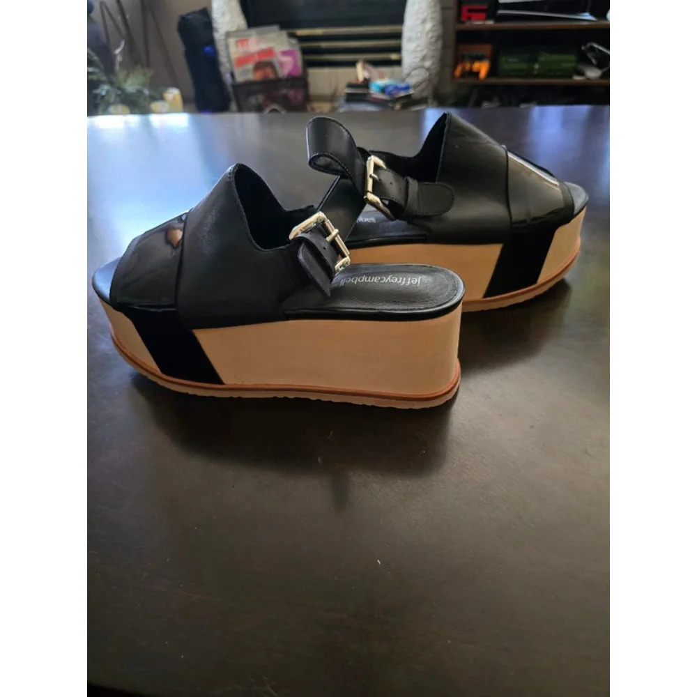 Rare Jeffrey Campbell Black Beige Vinyl Platform Wedge Sandals 40/9.5 Limited